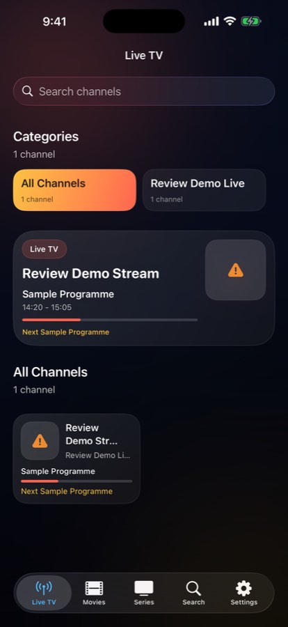 Aura TV IPTV player live guide screen