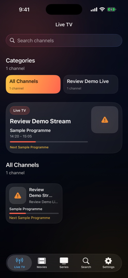 Aura TV IPTV player live channel guide screen