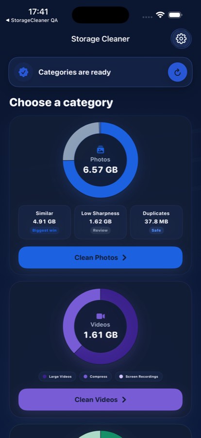 Storage Cleaner iPhone dashboard with cleanup categories
