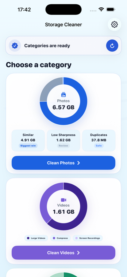 Storage Cleaner iPhone dashboard showing storage cleanup categories